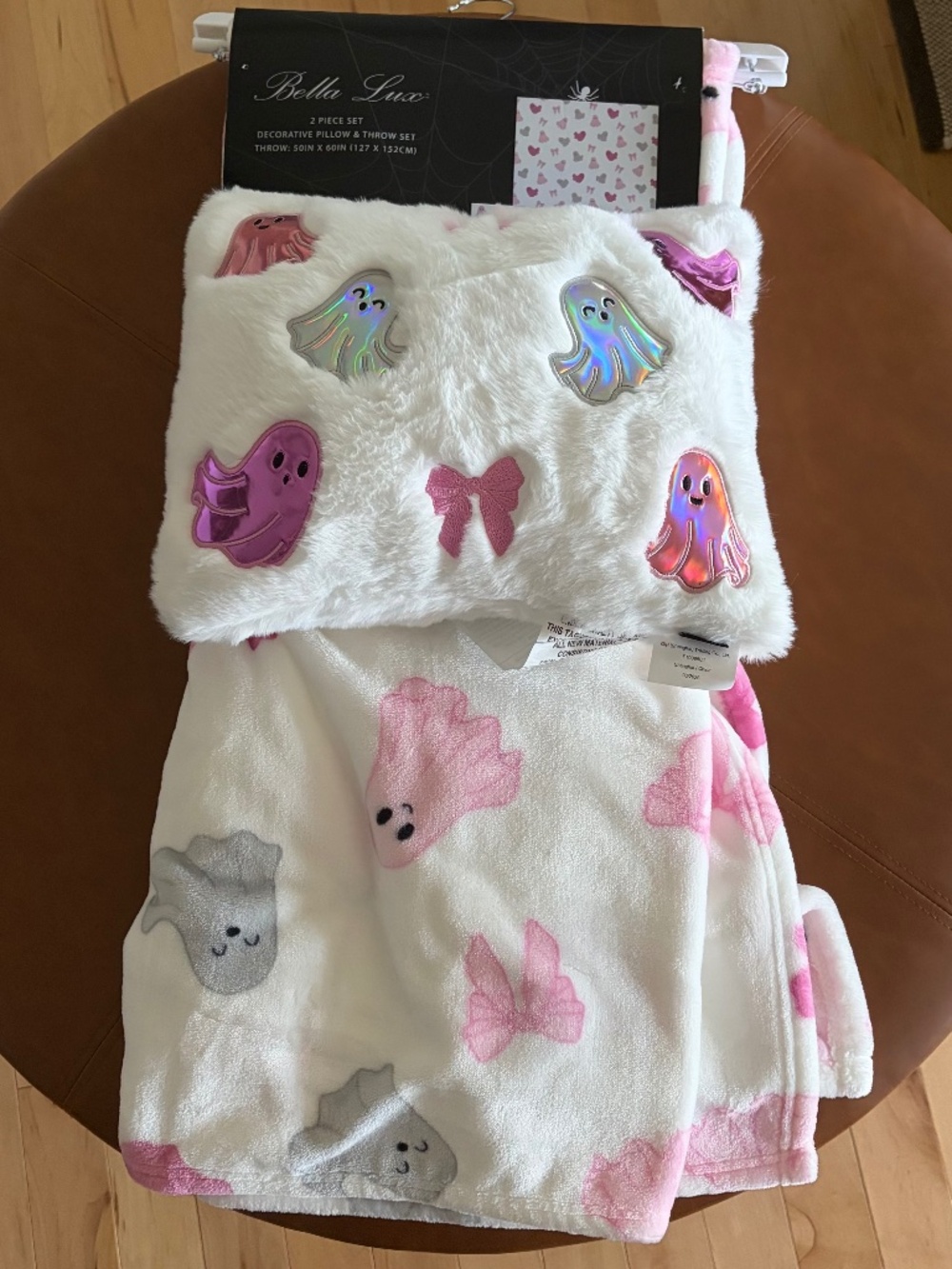 🎀 NWT Bella Lux Halloween Ghost & Pink Bows 2-Piece Throw Blanket & Pillow Set